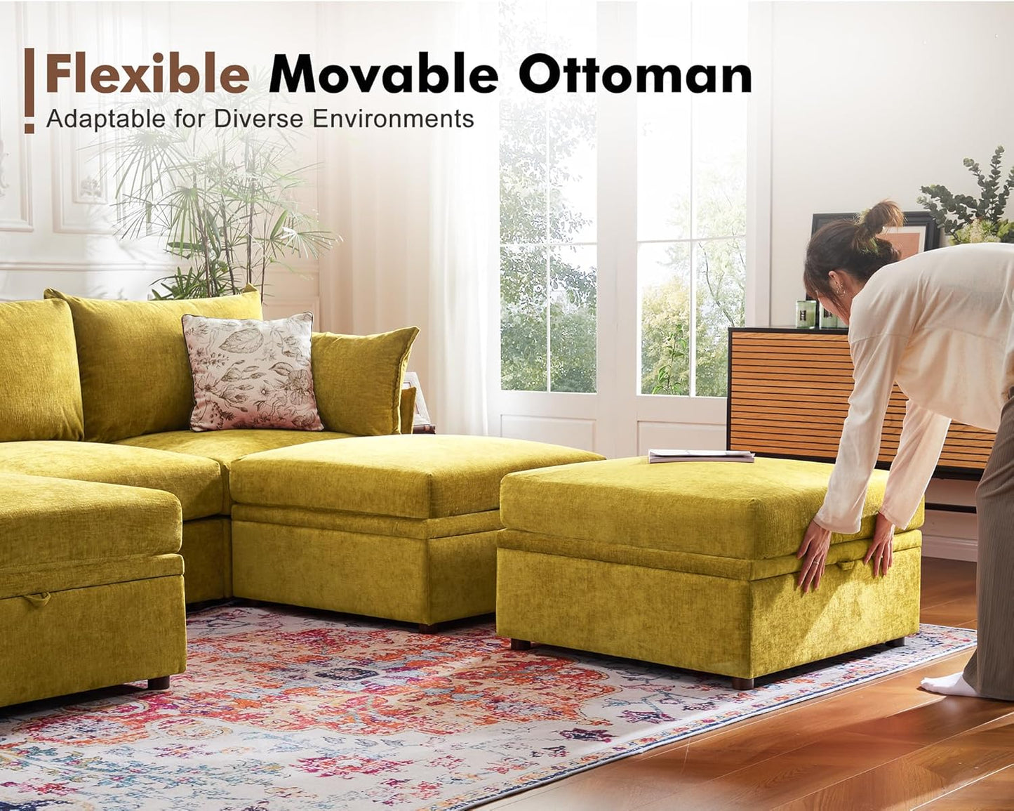 134.6" Oversized Modular Sectional Sofa, 6 Seater U Shaped Couch with Storage Ottoman with Reversible Chaise Deep Seat for Living Room, Apartment - Chenille Yellow