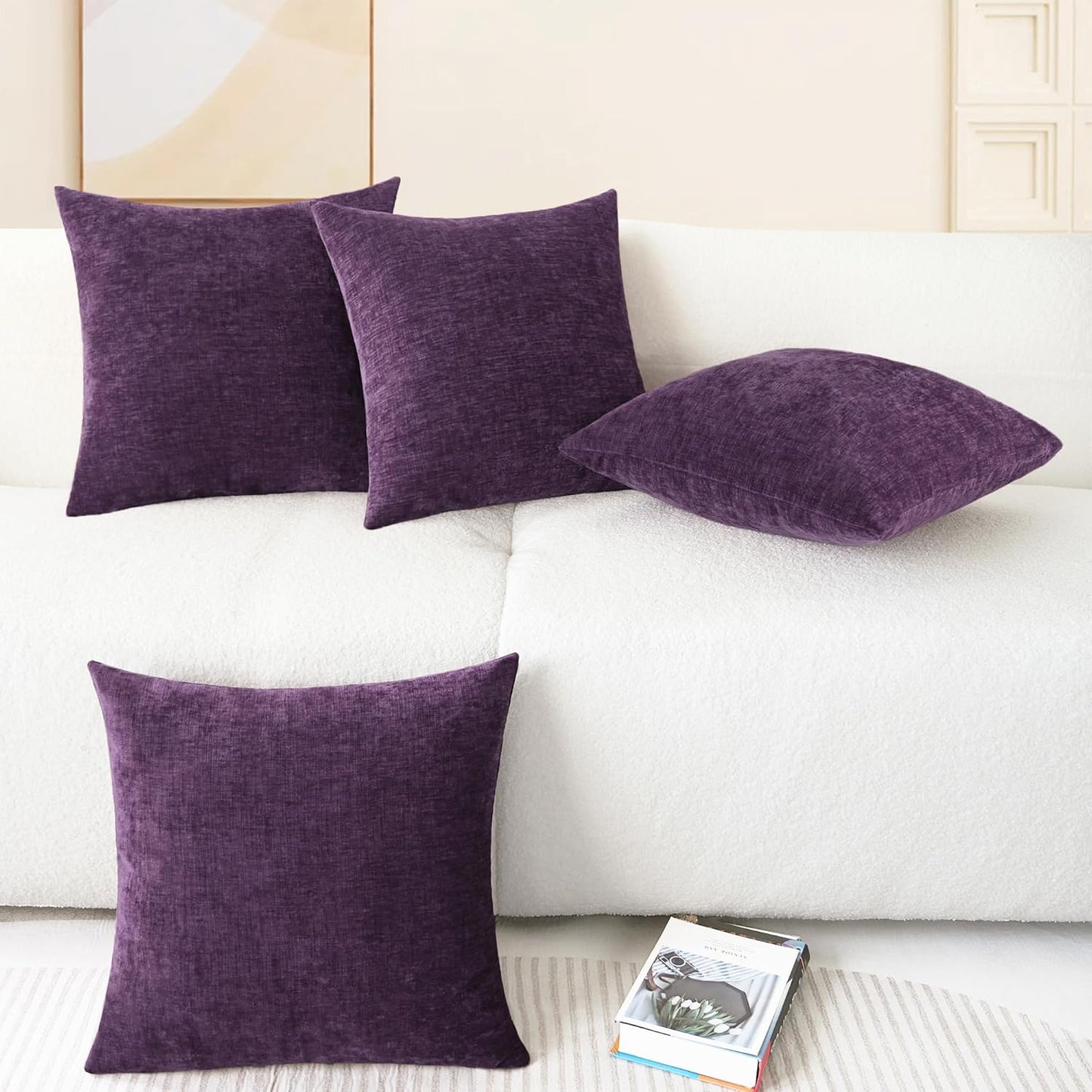 CaliTime Throw Pillow Covers Decorative 18 X 18 Inches Pack of 4 Cozy Chenille Cushion Cases for Couch Sofa Bed Living Room Home Plum Purple
