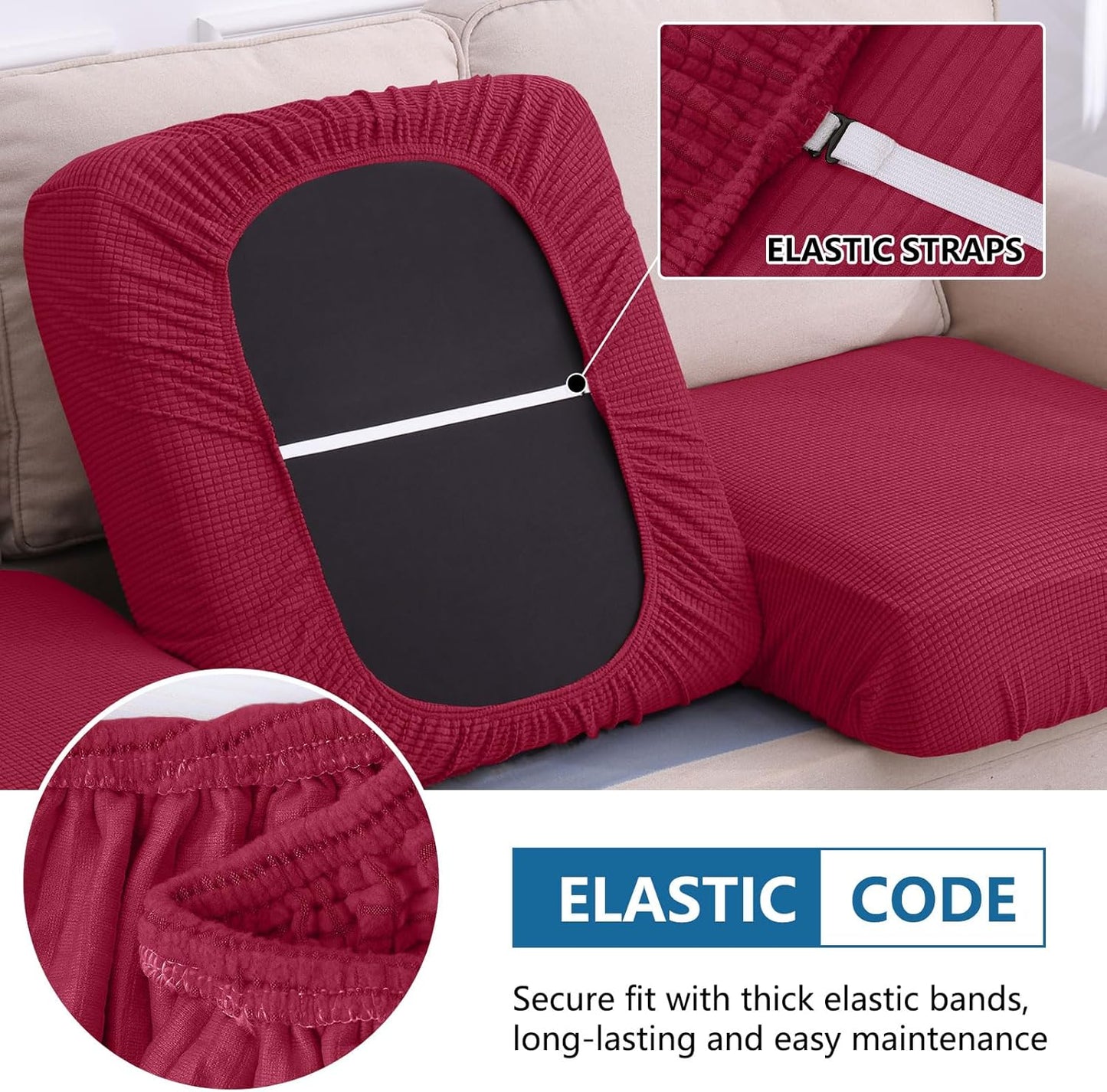 hyha Waterproof Couch Cushion Covers for Pets, Non Slip Sofa Seat Cover for Dogs Washable, Soft Thick Stretch Jacquard Fabric, Sofa Slipcovers with Elastic Bottom (1 Piece for Medium, Wine Red)