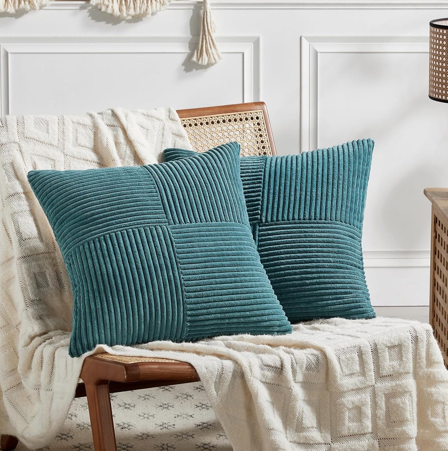 Fancy Homi 2 Packs Teal Big Decorative Throw Pillow Covers 24x24 Inch for Living Room Couch Bed, Rustic Farmhouse Boho Home Decor, Soft Corss Corduroy Patchwork Accent Square Cushion Case 60x60 cm
