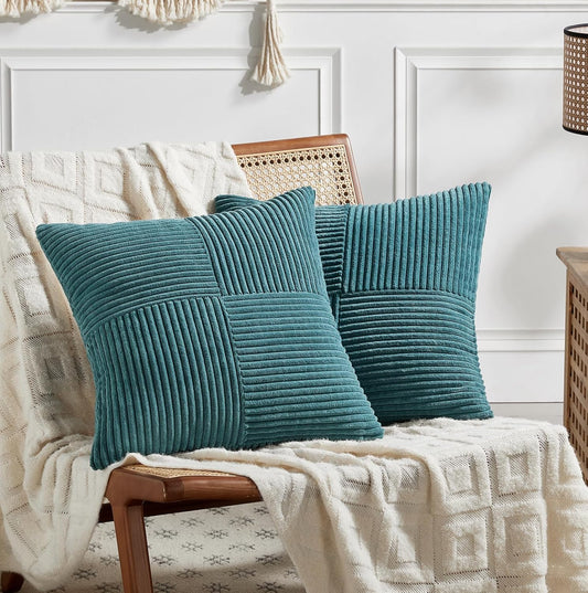 Fancy Homi 2 Packs Teal Decorative Throw Pillow Covers 20x20 Inch for Living Room Couch Bed Sofa, Rustic Farmhouse Boho Home Decor, Soft Corss Corduroy Patchwork Accent Square Cushion Case 50x50 cm