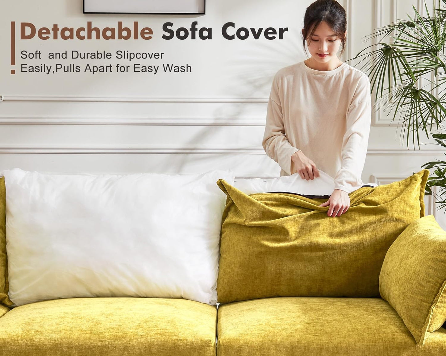 Luxury Modular Sectional Sofa, L-Shaped 3-Seat Couch with Storage Ottoman Deep Seat & Reversible Chaise Lounge Chenille Yellow for Compact Spaces, Apartments, Dorm