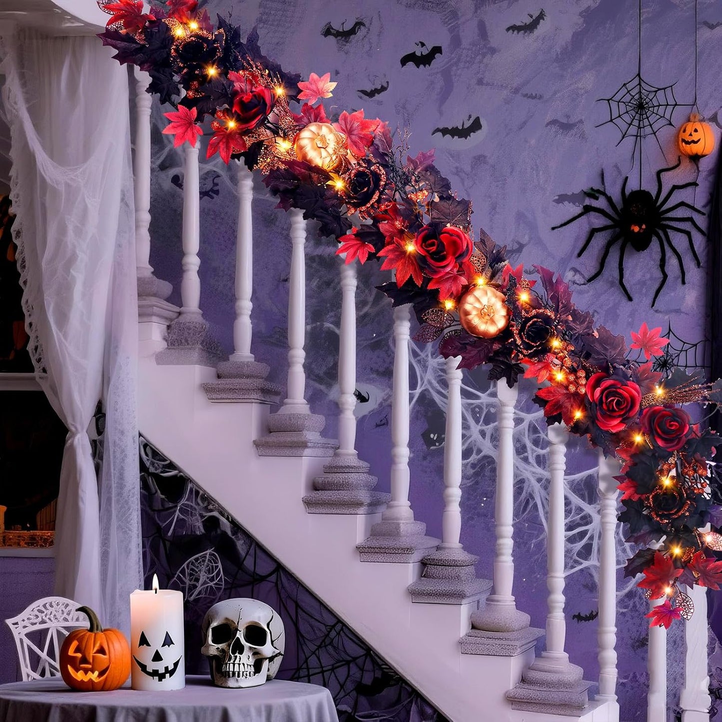 SHareconn 2 Pcs 6FT Halloween Garland with Purple Lights Battery Operated and Timer, Pre-Lit Black Red Maple Leaves Lighted Garland Decorations for Fireplace Mantle Centerpiece Indoor Outdoor Decor