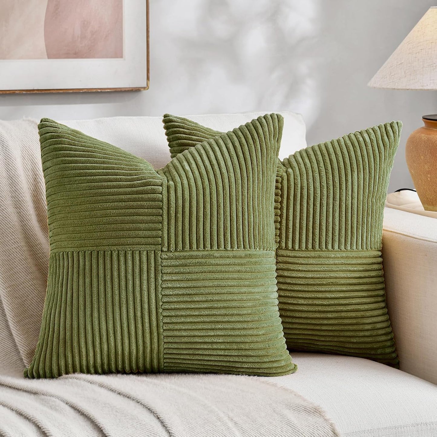 Fancy Homi 2 Packs Moss Green Decorative Throw Pillow Covers 18x18 Inch for Living Room Couch Bed Sofa, Farmhouse Boho Home Decor, Soft Corss Corduroy Patchwork Textured Square Cushion Case 45x45 cm