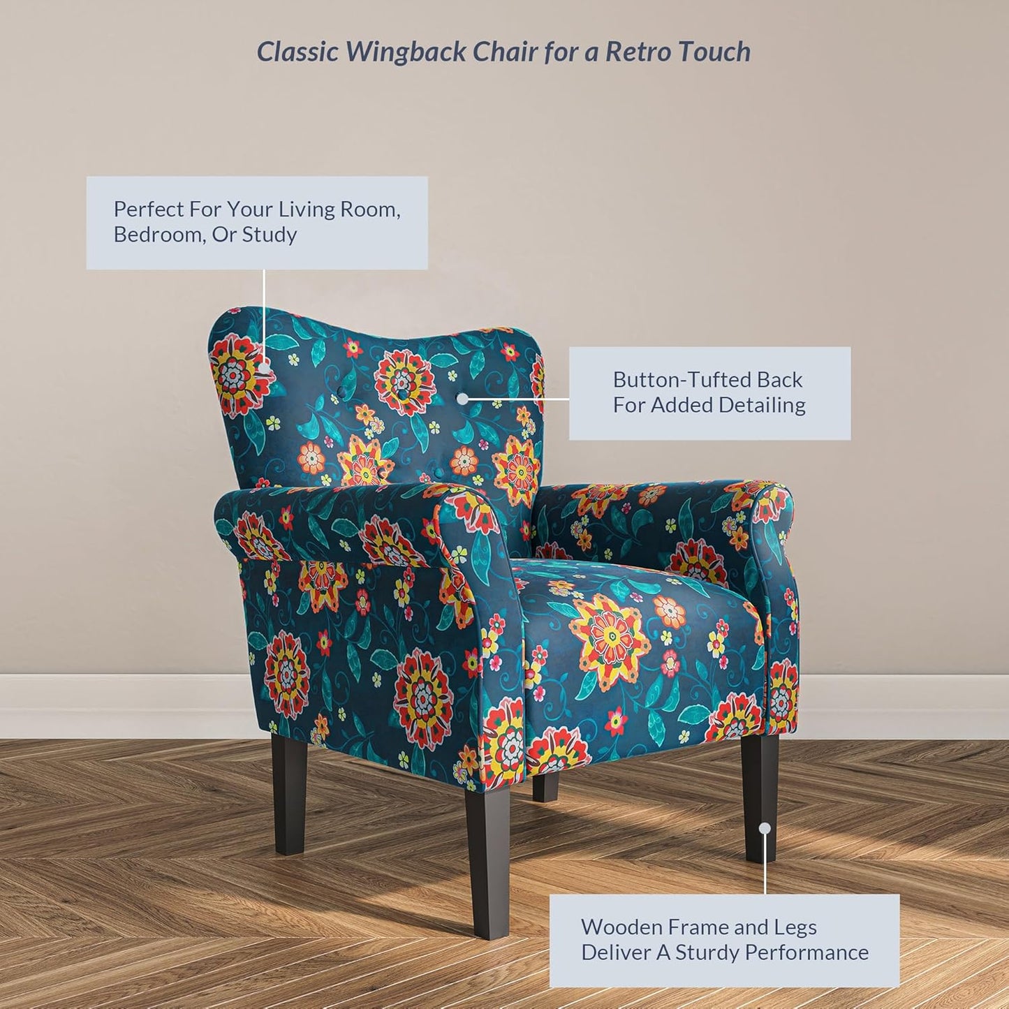 BELLEZE Modern Accent Chair for Living Room, High Back Linen Armchair with Wooden Legs, Upholstered Wingback Side Chair Padded Armrest Single Sofa for Living Room, Bedroom - Allston (Blue & Flower)
