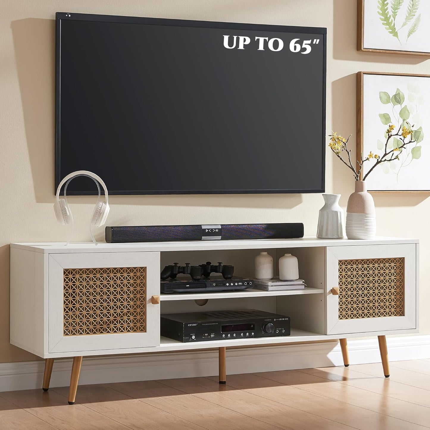 JYED Mid Century Modern TV Stand with Metal Mesh Doors and Open Shelf for 65" TVs,Antique White Media Console Wood Entertainment Center with Cable Holes for Living Room.59.06"x15.55"x20.87"