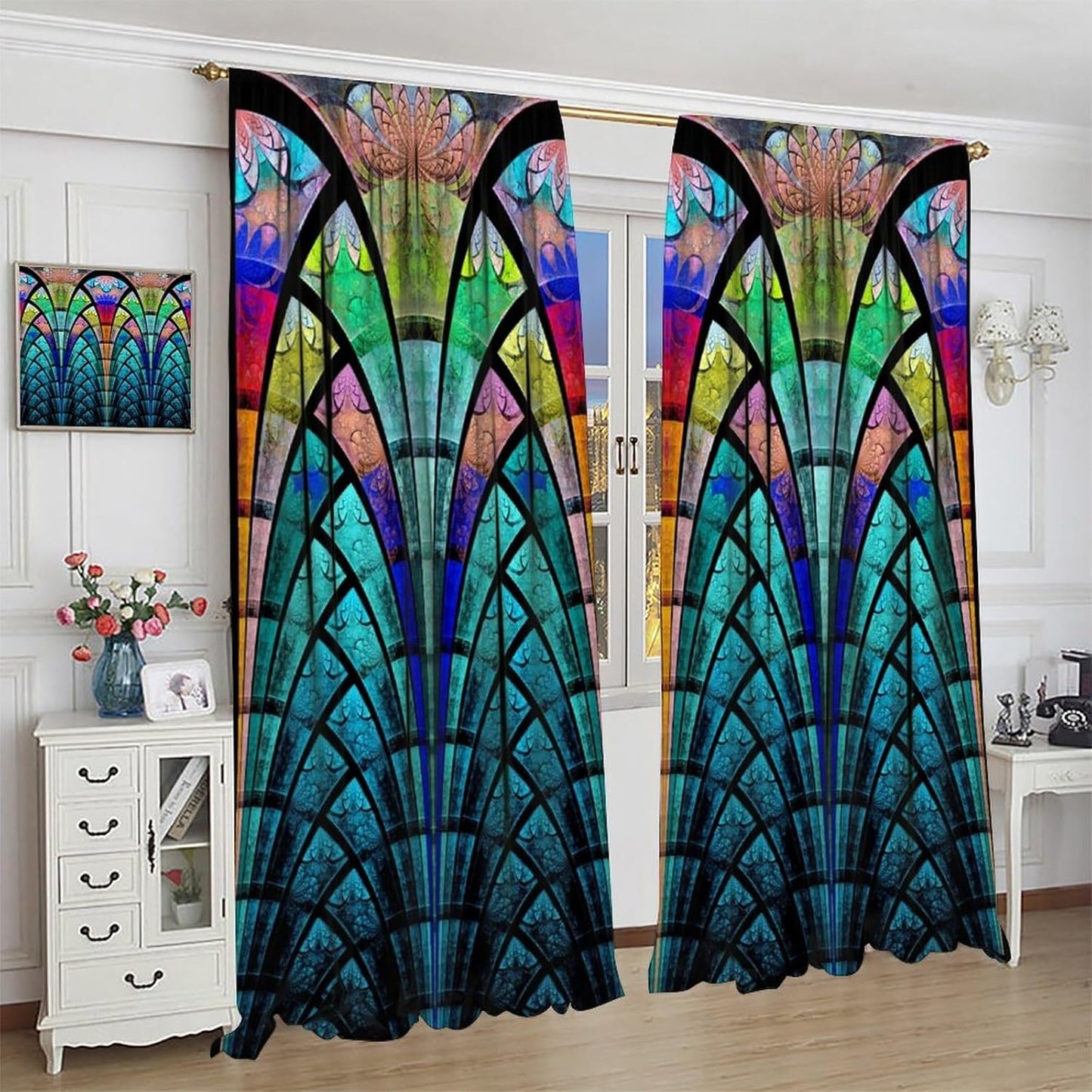 Stained Glass Curtains,Retro Design Style Colorful Abstract Art Home Decor Drapes for Bedroom Living Room Kitchen Window Treatment 2 Panels Set Total Size 42" W X 54" L Inch