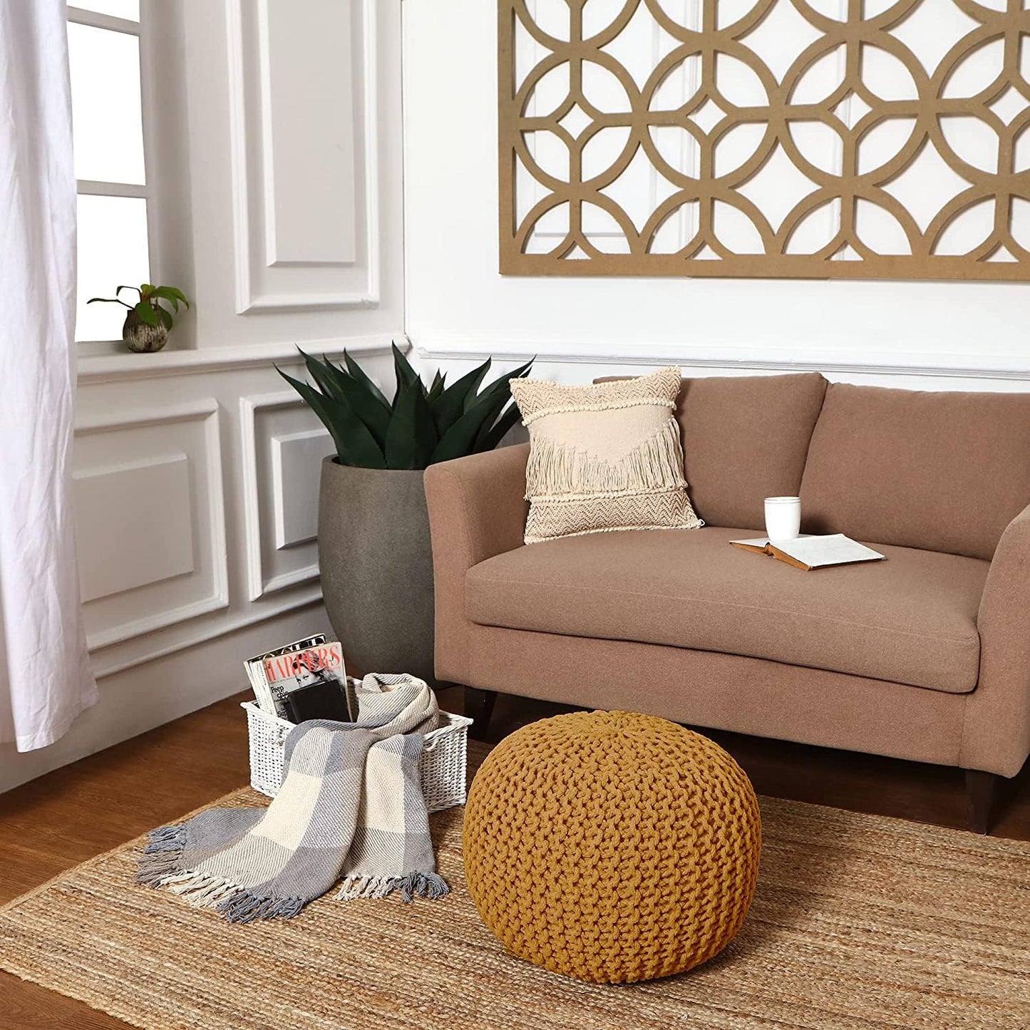 REDEARTH · Round Pouf Ottoman - Hand Knitted Cable Boho Poof Home Décor Pouffe Circular Footrest for Living Room - Bedroom - Lounge - Nursery - 100% Cotton Poufs (19.5"x19.5"x14") - Mustard