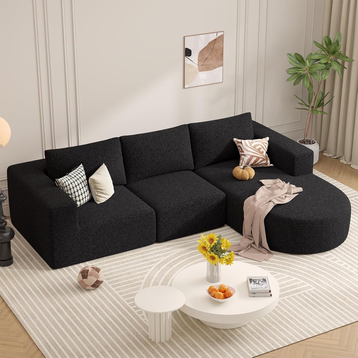 Modular Sectional Sofa with L-Shape Chaise,Cloud Sectional Modern Sleeper Couch with Deep Seat,Sponge Compression Sofas No Assembly Required(Black-Sherpa Fabric) 1PCS