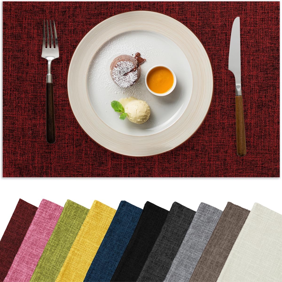 Christmas Placemats Set of 4, Bilayer Thickened Linen Place Mats Heat Resistant Machine Washable Wrinkle Free Carefully Selected Polyester Mats for Kitchen/Dining/Coffee Table (Deep Red)
