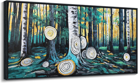 QZQCBLC Canvas Wall Art Bedroom - Green Large Tree Yellow Forest Paintings Artwork Abstract Ring Landscape Pictures for Living room Bathroom kitchen Home Office Wall Decor 20"X40"