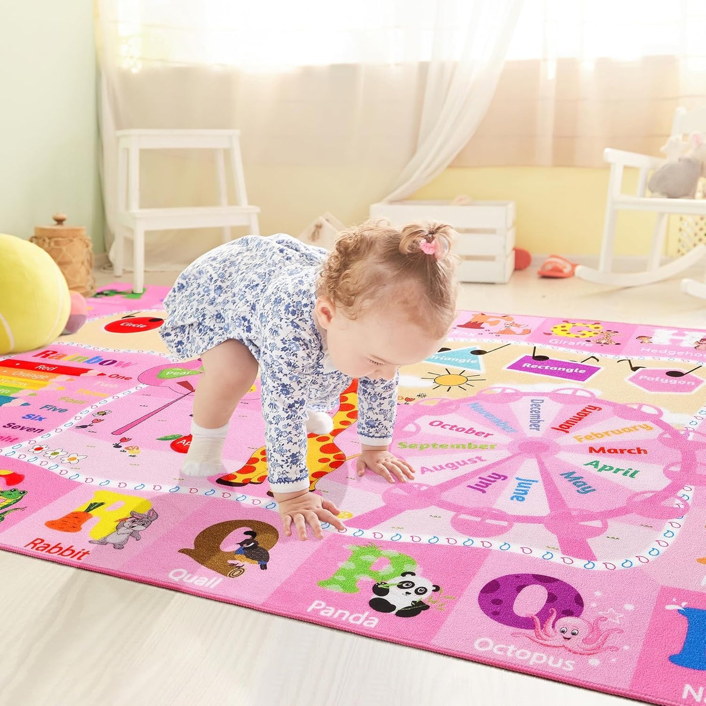 Kids Rugs for Playroom Bedroom Classroom Nursery, Non-Slip and Washable Rugs for Children Toddlers Girls, Educational and Fun Rug Carpets with ABC Alphabet Animals Shapes, 4x6, Pink