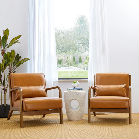 Glitzhome 2 Set Mid Century Yellowish Brown Accent Armchair, Single Reading Armchair PU Leather Lounge Chair with Walnut Ruberwood Frame