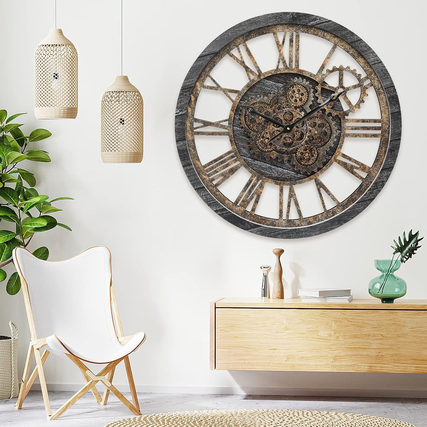 HOIBAI Wall Clock, 24 Inch Moving Gears Clock Large Wall Clock for Living Room Decor Rustic Vintage Industrial Steampunk Farmhouse Big Clock for Home Kitchen Bedroom Office