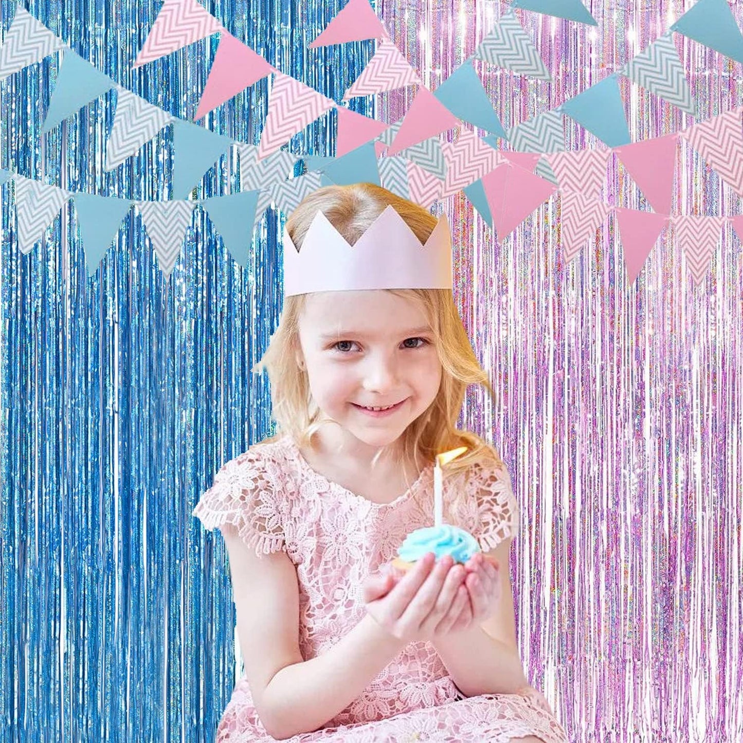 BRAVESHINE Pink Blue Tinsel Foil Fringe Curtains - 2Pcs 3.2x8.2ft Holidays Photo Streamers Backdrop for Easter Girl or Boy Birthdays Bridal Shower Party Supplies Decorations