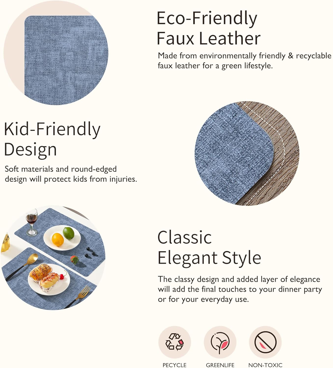Maxpearl Faux Leather Placemats Set of 4, Waterproof - Wipe Clean - Heat Resistant - Anti Slip Dining Table Place Mats, Suitable for Indoor & Outdoor Use, 17’’×12’’, Blue