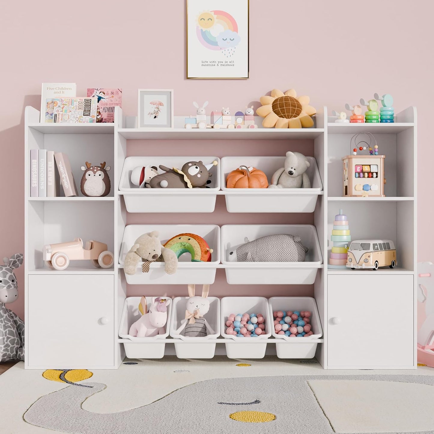 Xilingol Kids Toy Storage Organizer W/8 Removable Toy Bins, 4-Tier Toy Organizers W/6 Storage Cubbies, Kid Bookshelf and Toy Storage for Playroom, Bedroom, Kids Room, Classroom
