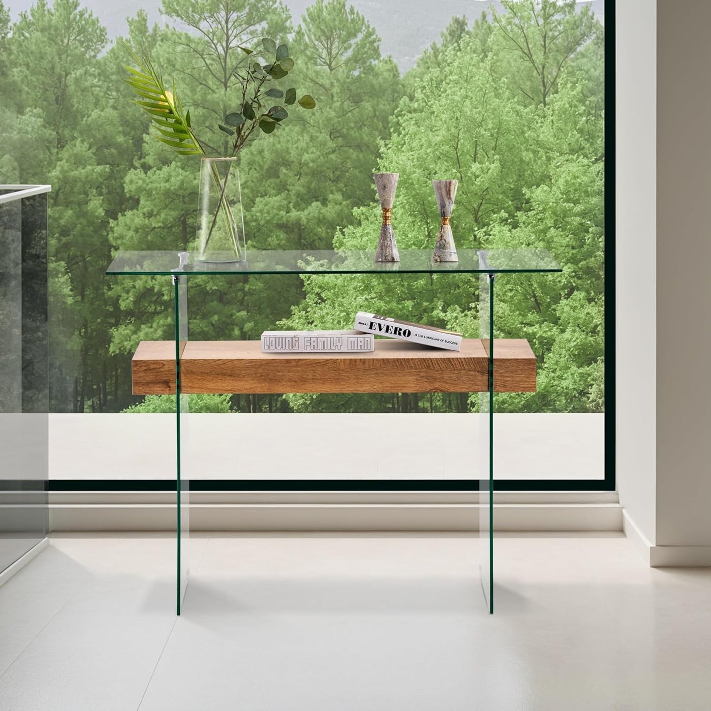 ivinta Glass Console Table with Storage, 39.4" Modern Narrow Entryway Table for Living Room, Entrance, Hallway or Bedroom 5101 (Natural Wood)