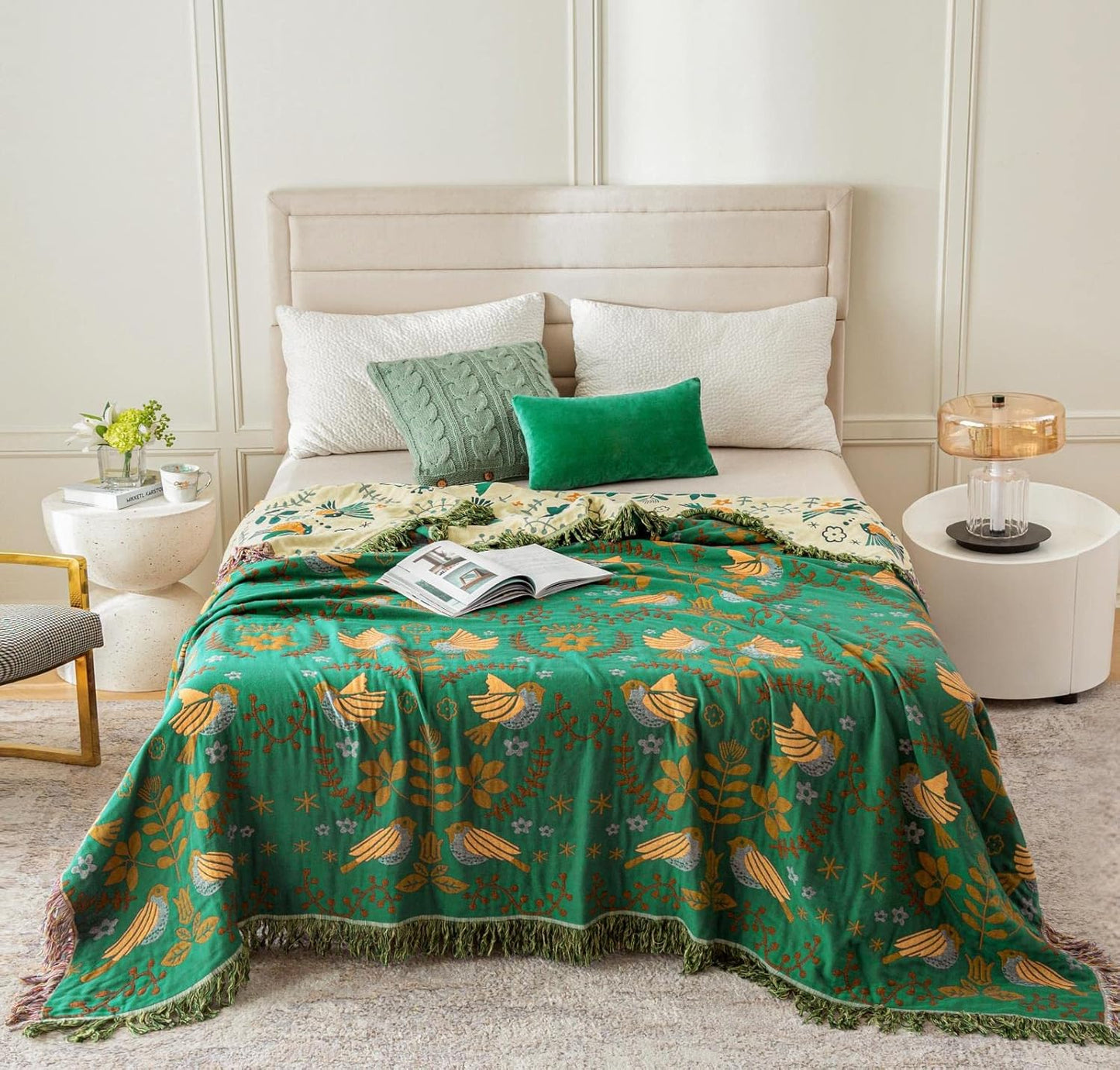 MSGKV Boho Throw Blanket 100% Cotton Green Blanket 90''x 98'' Double Sided Knit Blankets with Tassels Reversible Warm Soft Blanket Throw Blankets for Bed Sofa Living Room