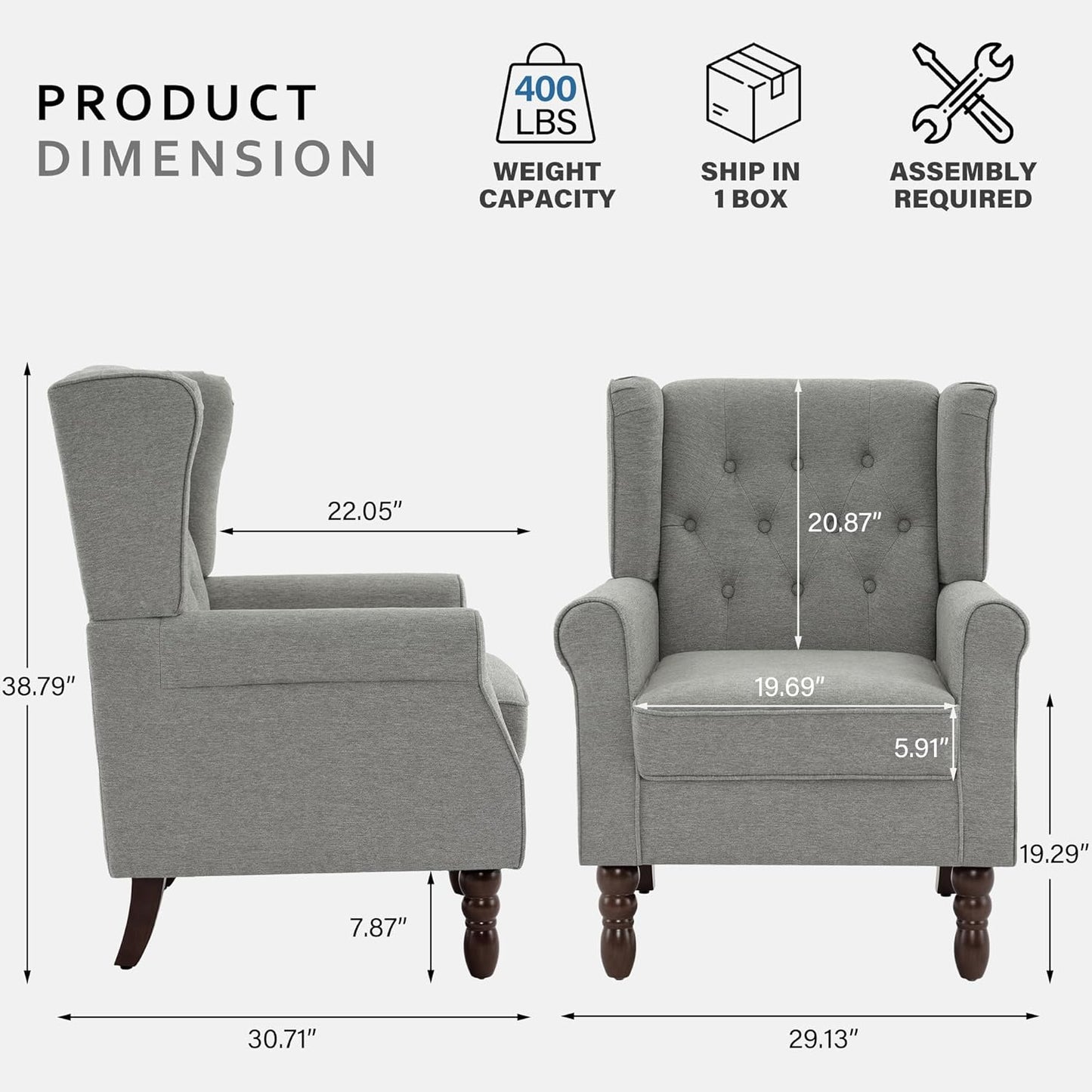 Lumibee High Back Accent Chair,Upholstered Wingback Armchair with Solid Wood Legs for Small Spaces,Comfy Single Sofa Chair for Living Room,Bedroom,Office-Light Gray