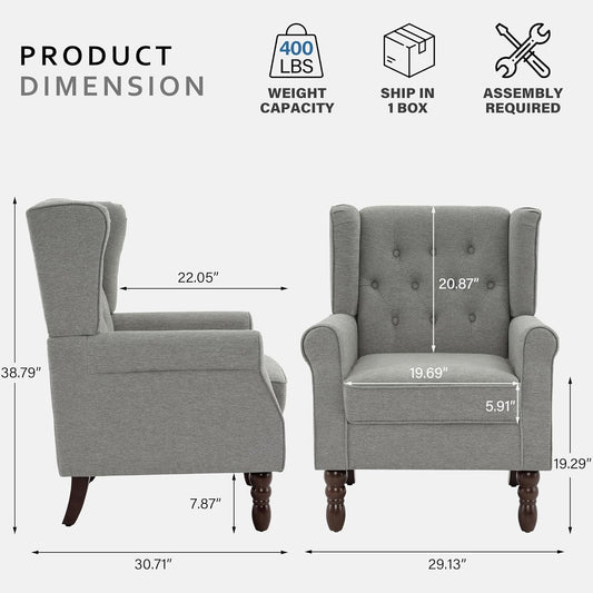 Lumibee High Back Accent Chair,Upholstered Wingback Armchair with Solid Wood Legs for Small Spaces,Comfy Single Sofa Chair for Living Room,Bedroom,Office-Light Gray