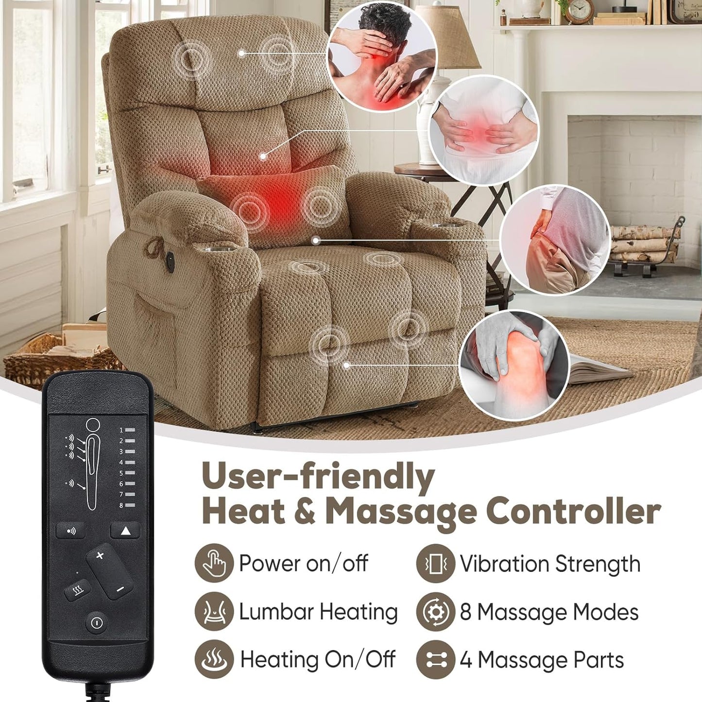 Oversized Dual Motor Lay Flat Power Lift Recliner Chair Set of 2 for Elderly with Massage and Heat, Textile Large Recliner Chair, Lift Chairs Recliner with Lumbar Pillow, Cup Holder, Beige