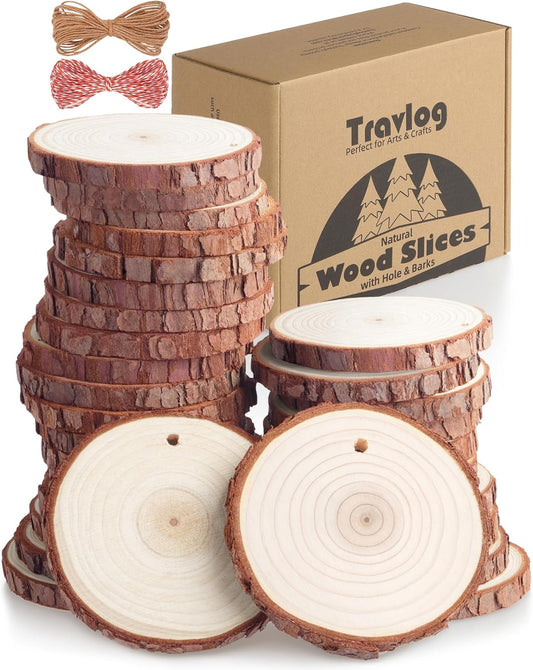 Unfinished Wood Slices with Hole, Natural Wood Circles Blank with Bark for DIY Crafts, Home Decor, Christmas Ornament (30Pcs, 3.1-3.5 Inch)