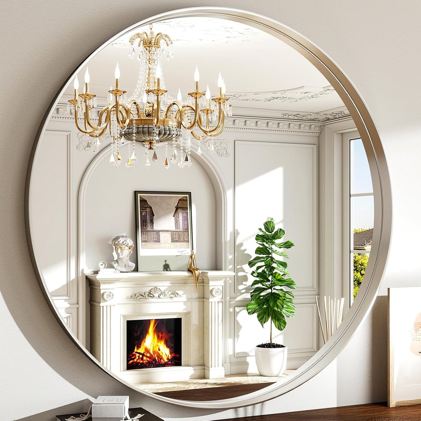 36 Inch Round Bathroom Mirror - Wall Mounted Circle Mirror with Metal Frame, Modern Mirror Suitable for Bathroom, Vanity, Entryway, Living Room, Wall Decor,Silver