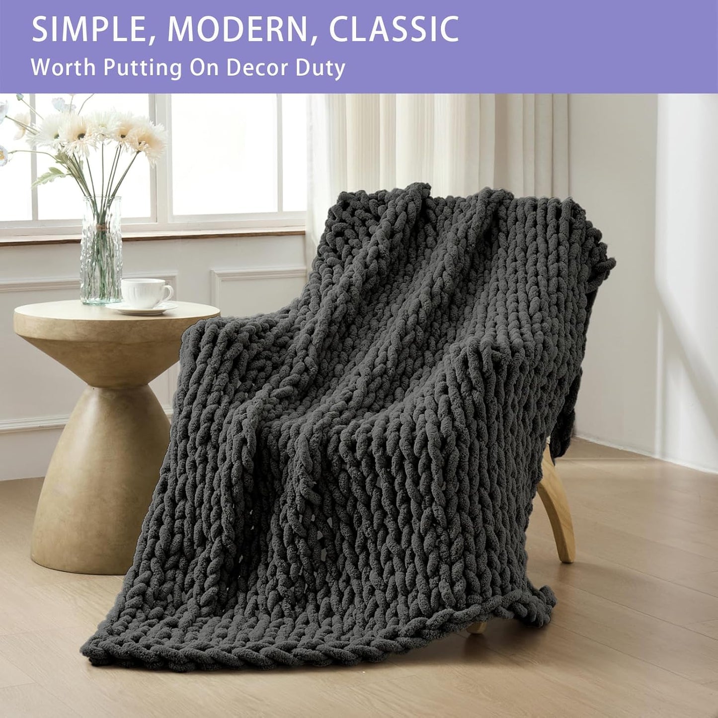Bigacogo Chunky Knit Throw Blanket for Couch, 40x80 inches, 100% Hand Knitted with Thick Jumbo Chenille Yarn, Cozy Soft Large Rope Knot Cable Crochet Blankets for Sofa Bed Living Room, Dark Grey