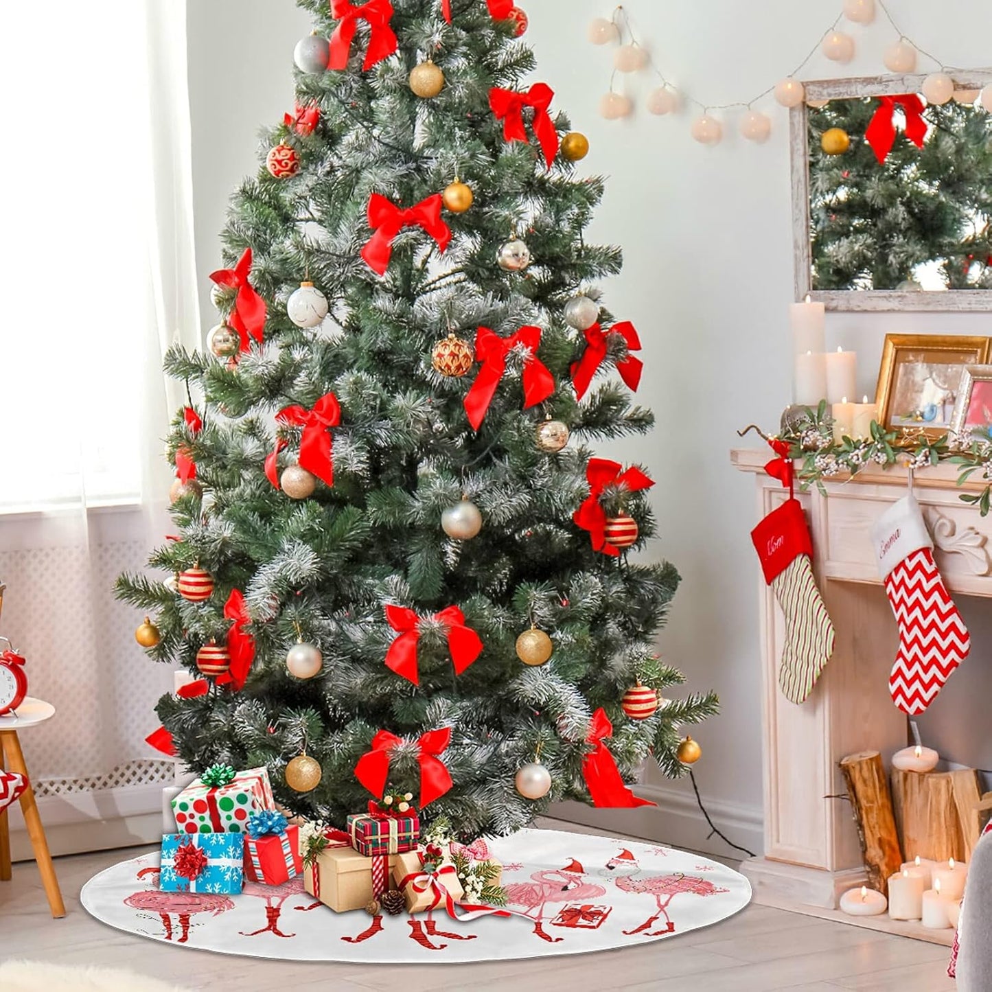 Christmas Pink Flamingo Snowflake Tree Skirt, Seasonal Tree Mat Holiday Party Supplies Ornaments Indoor Outdoor Decorations for Tabletop Trees 47.2 Inches