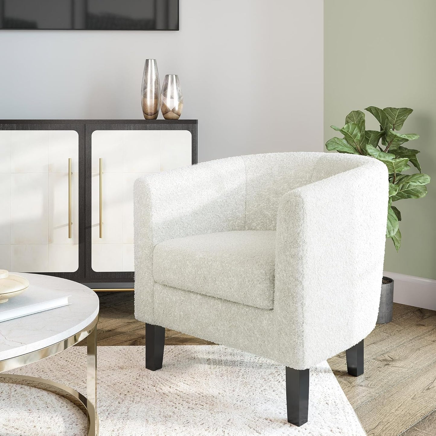 BELLEZE Accent Barrel Chair Set of 2, Linen Round Chair Club Tub Sofa Corner Chair with Flared Legs and Cozy Soft Padding for Living Room Bedroom Waiting Room - Teddy White