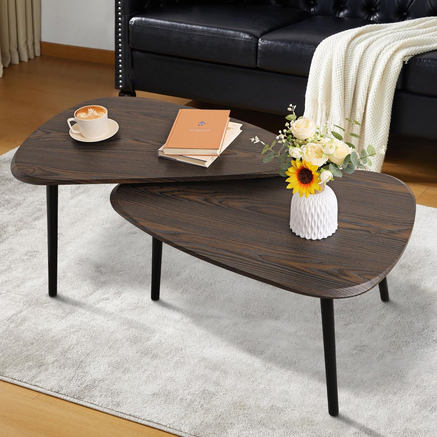 Nesting Coffee Table Set of 2 Side Set Wooden Tables Living Room Bedroom Apartment Modern Industrial Simple Nightstand,Walnut 32" D x 20" W x 18.5" H