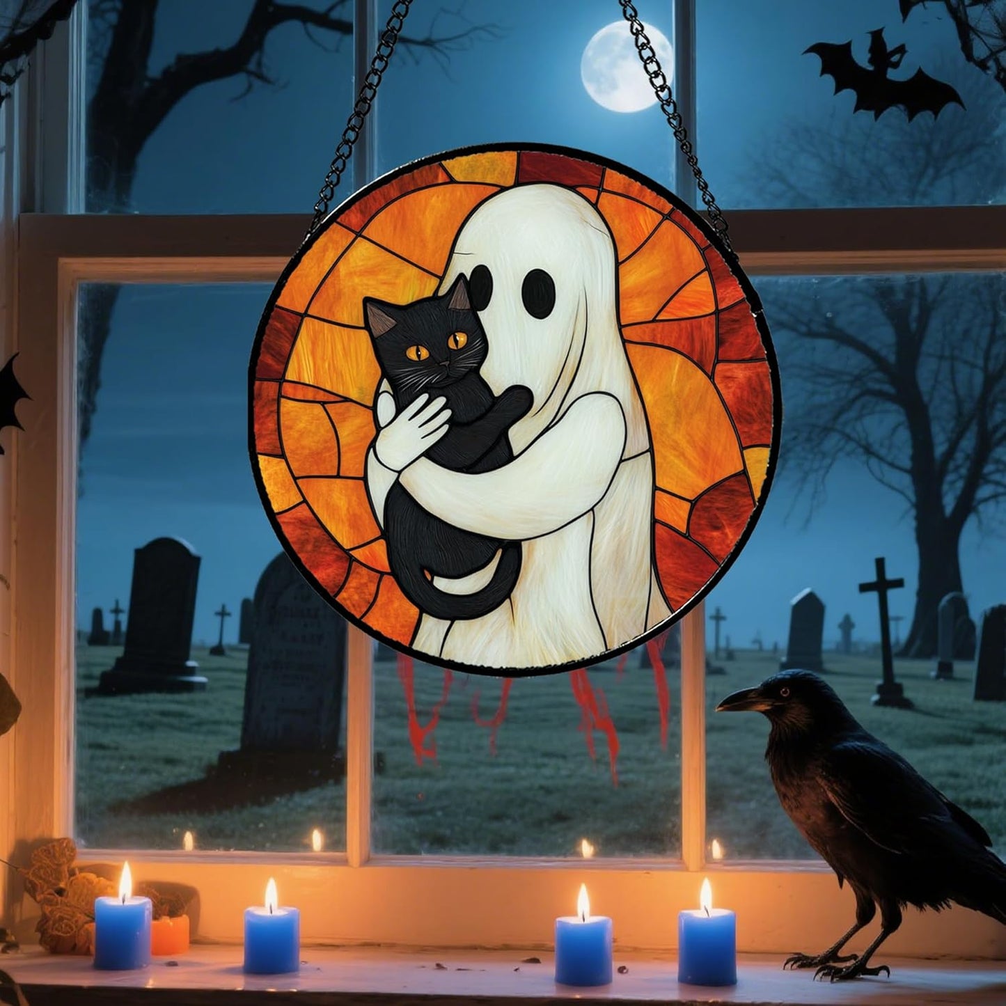 Stained Glass Window Hanging - Halloween Decorations White Ghost Black Cat Suncatcher for Doors Garden Spooky Funny Orange Sun Catchers Gothic Decor Horror Gifts for Women Men Friend 7.8 in