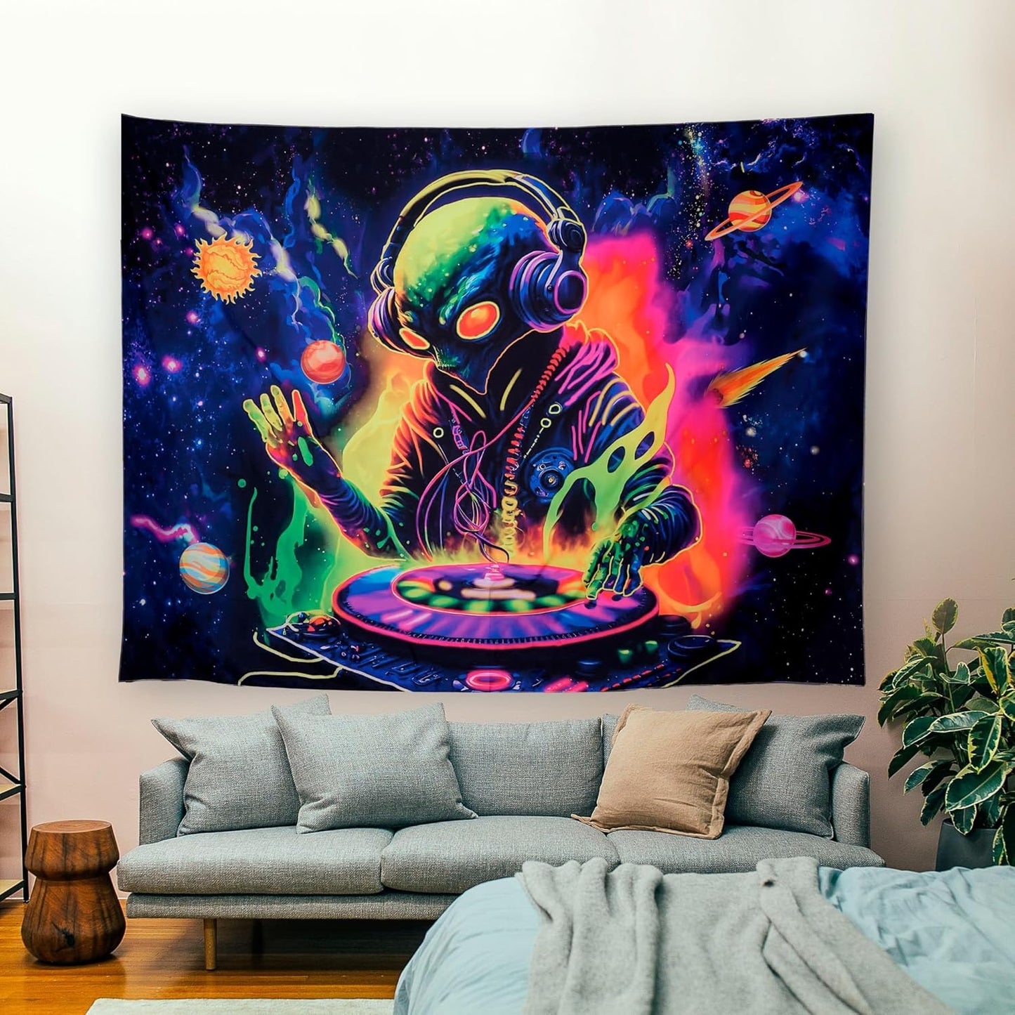 OSVINO Blacklight Alien Tapestry 59"x51" UV Reactive Alien DJing Wall Hanging Art Bedroom Decor Moon and Sun Planets Posters Wall Hanging Hippie Decor