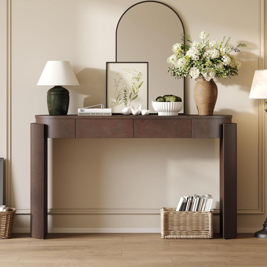 55" Sofa Table with Oval Top and 2 Drawers, Entryway Console Table with Fluted Design for Hallway,Foyer,Entry and Living Room (Fully Assembled-Espresso)