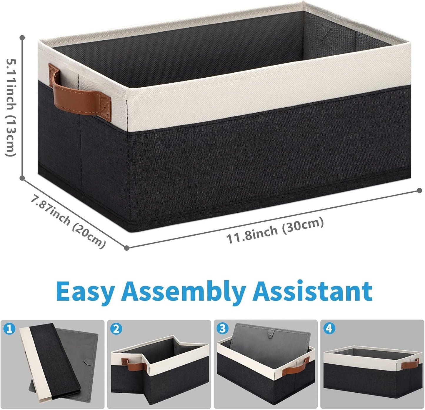 GhvyenntteS Storage Baskets for Organizing, Fabric Storage Bins with Leather H&les, Foldable Rectangular Storage Baskets for Shelves, Closets, Home, Office(Black/White, 6 Pack)11.8X7.9X5.1 in