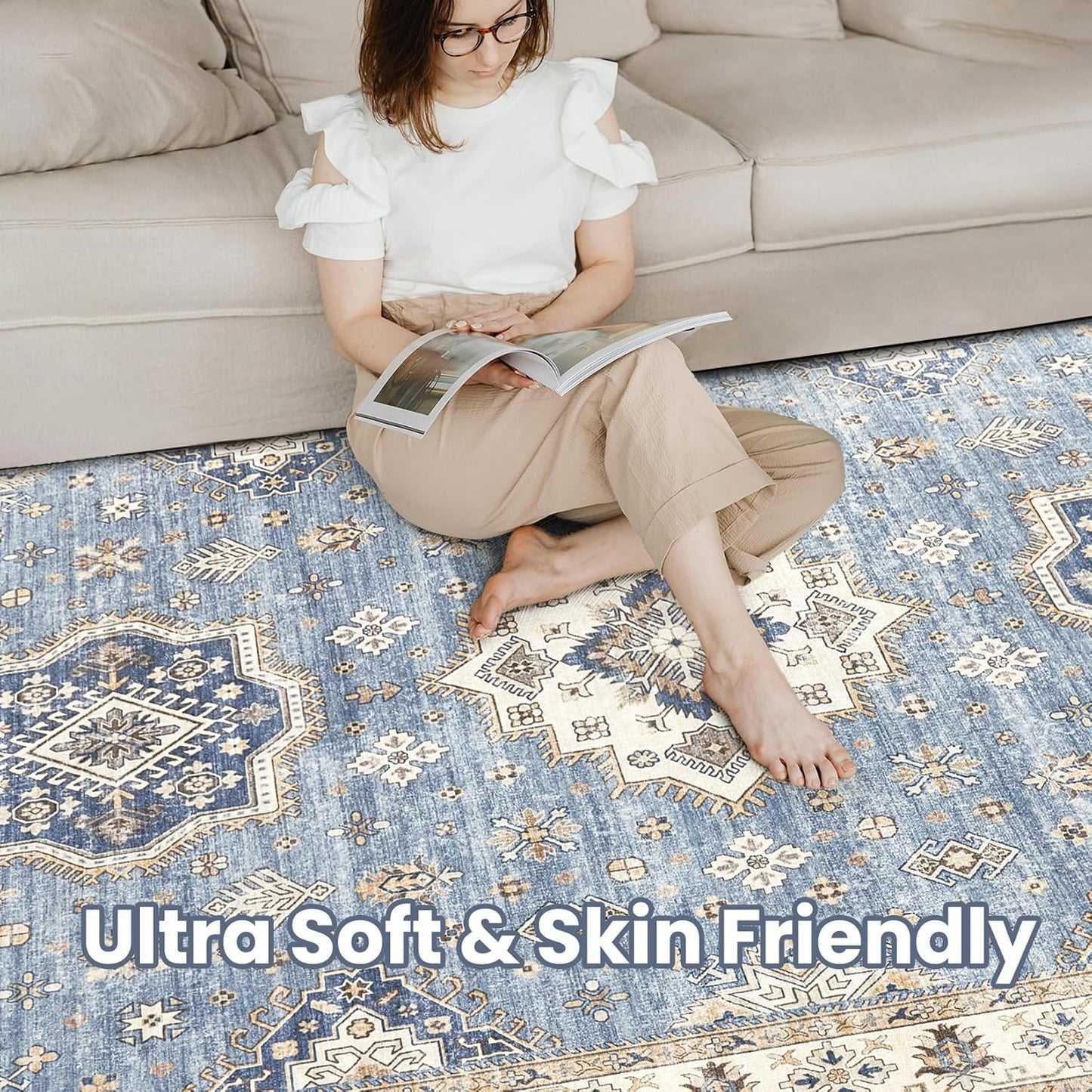 Washable Area Rugs for Living Room - 5x7 Neutral Vintage Distressed Floral Farmhouse Boho Large Soft Floor Rug Indoor Non Slip Carpet for Living Room Bedroom Dining Room Office - Blue