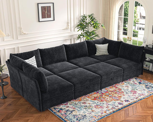 136.4" Oversized Modular Sectional Sleeper Sofa Bed, U Shaped Convertible Couch with Movable Ottoman, Large 8 Seat Corner Couches for Living Room Deep Seat Black Chenille