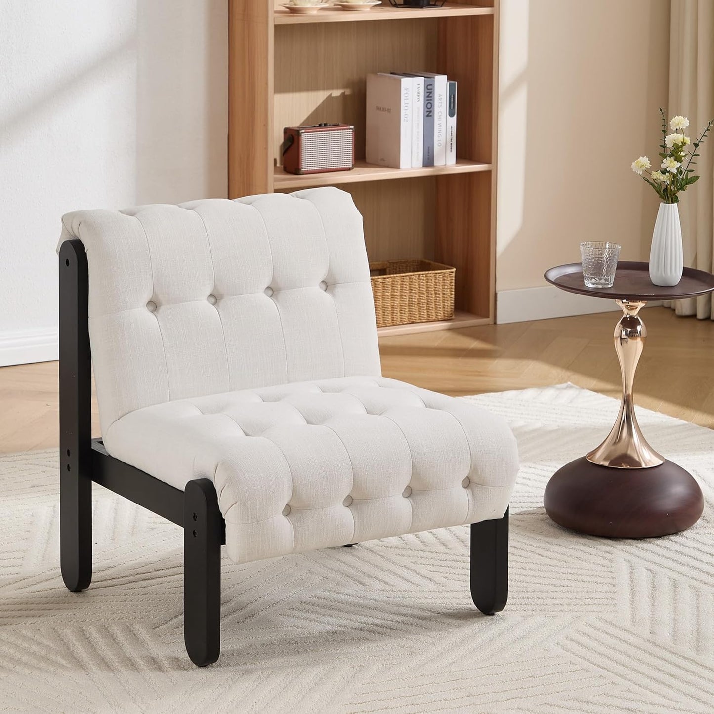 Modern Armless Accent Chair Set of 2 for Living Room, Beige Chenille Button Tufted Upholstered Lounge Reading Chair with Black Wood Frame