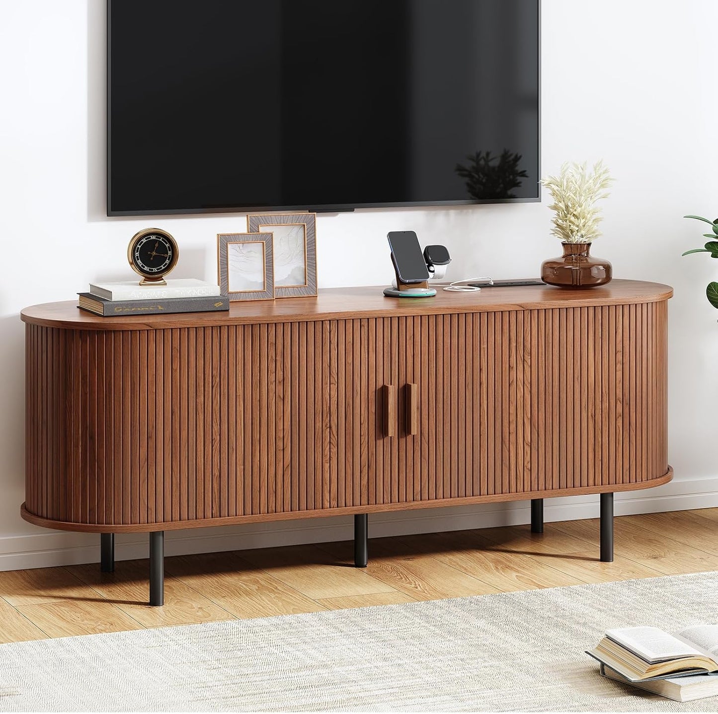 TV Stand with Power Outlet, Mid-Century Modern Television Stand, Media Console with Sliding Doors, Entertainment Center for TVs up to 60 Inch, Adjustable Shelves, Walnut