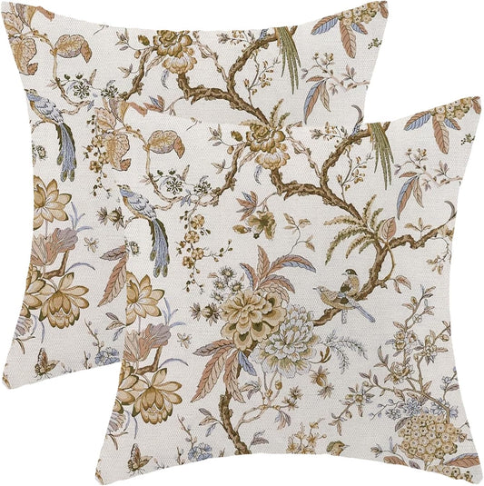CXMEIFLY Spring Floral Birds Pillow Covers 18 x 18 Inch Set of 2 for Chinoiserie Flowers Decor Throw Pillows Brown and White Plant Outdoor Decorative Cushion Cases for Couch Bed Decorations