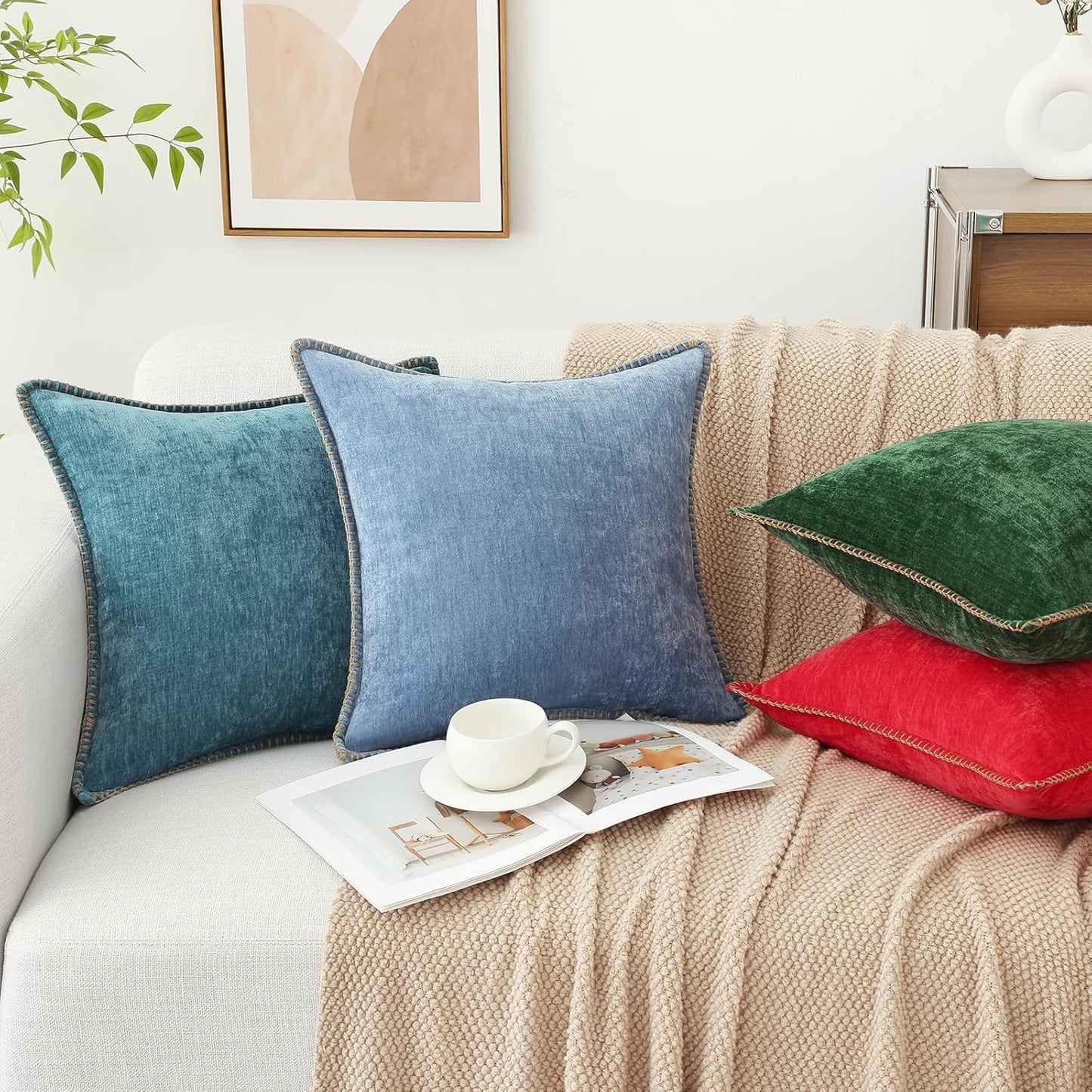 decorUhome Chenille Soft Throw Pillow Covers 18x18 Set of 2, Farmhouse Velvet Neutral Decorative Euro Pillow Covers with Stitched Edge for Couch Sofa Bed Home Decor, Blue