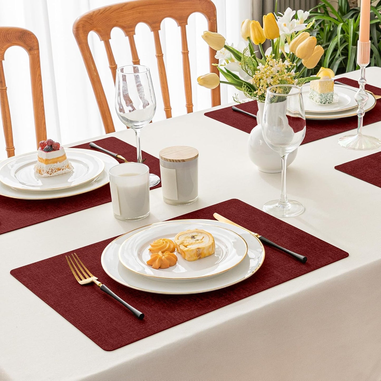 Romanstile Vinyl Placemats Set of 6-12 X 18 Inch - Heat Resistant Place Mats 100% Waterproof Oilproof Wipeable Reversible Faux Leather Table Mats for Kitchen/Dining/Party/Outdoor, Red
