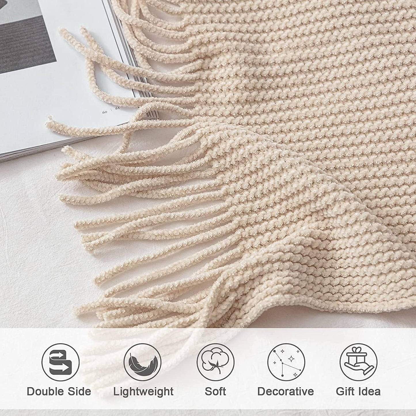 lifein Throw Blanket for Couch, Soft Boho Decor Bed Throw,Cozy White Chenille Knitted Small Farmhouse Lightweight Throw for Spring(White/Cream,60 * 80")