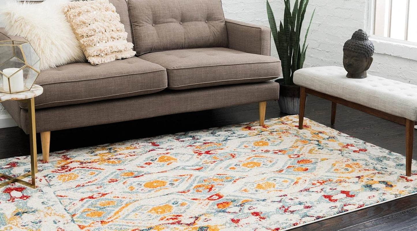 Unique Loom Rosso Collection Vintage, Geometric, Bohemian, Traditional, Distressed, Southwestern Area Rug, 4' 0" x 6' 0", Multi/Ivory
