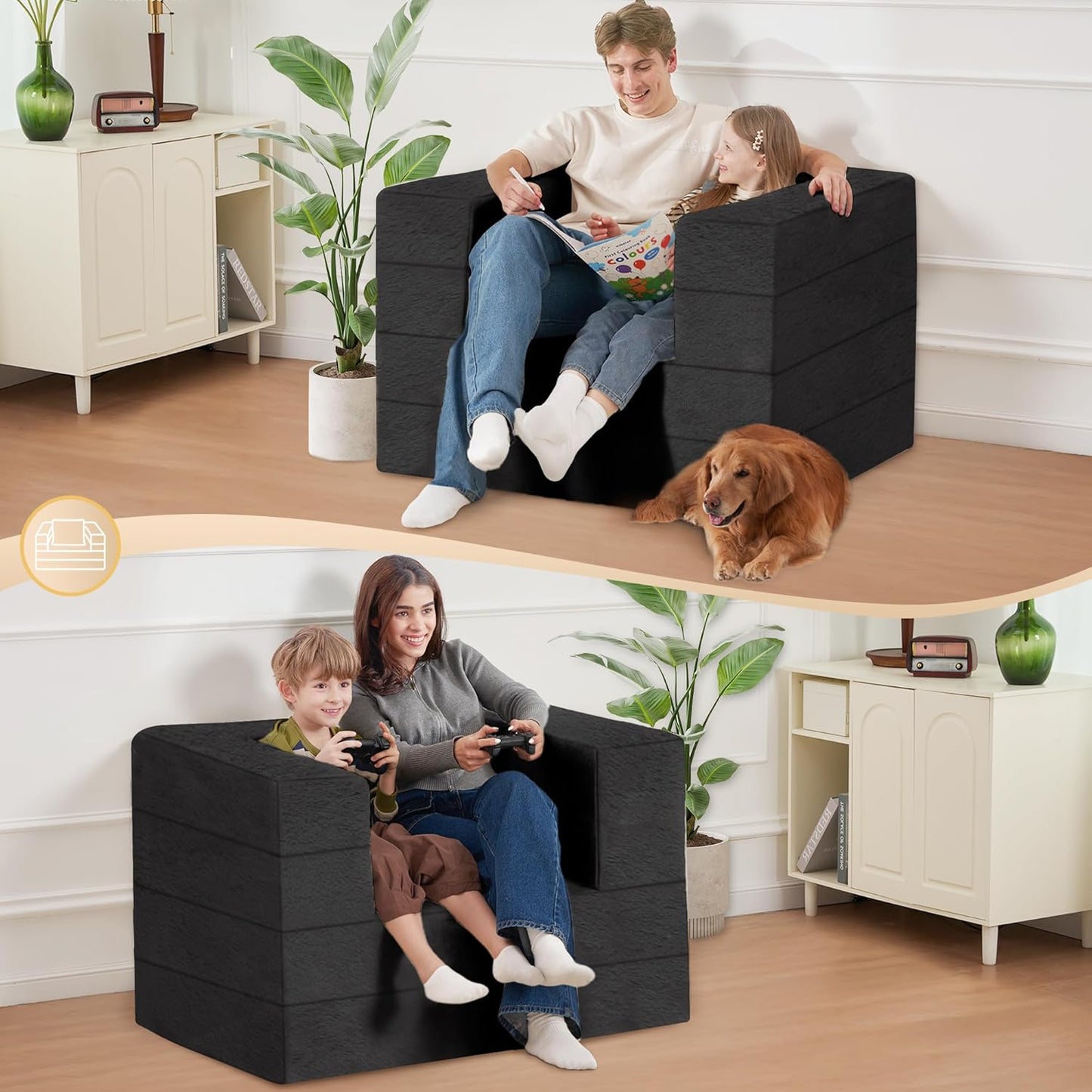 Folding Bean Bag Chair for Adults,3-in-1 Bean Bag Couch Faux Fur Floor Sofa Large Beanbag Convertible Bean Bag Sofa Bed with Pillow in Bedroom,Living Room,Apartment(Twin,Black)