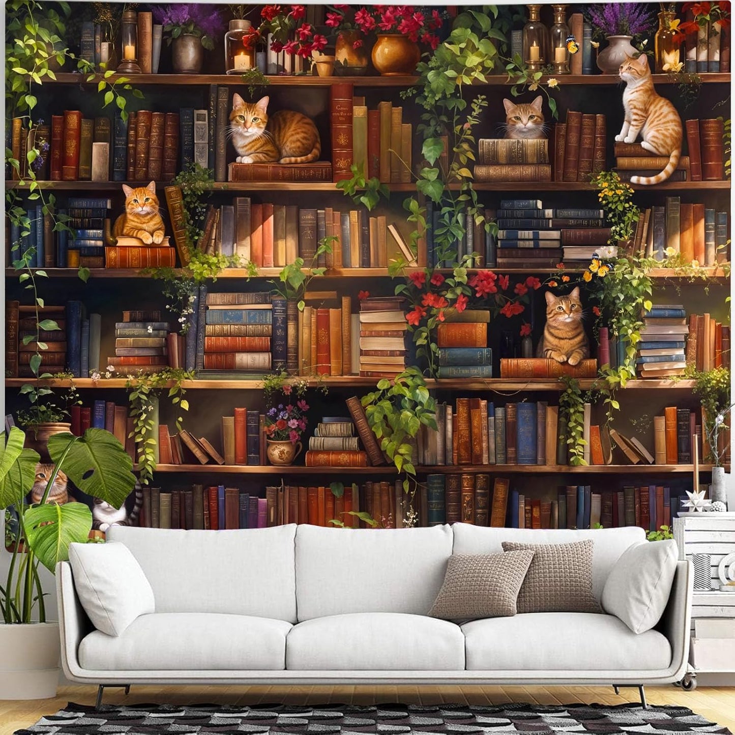 Accnicc Plant Cat Bookshelf Tapestry Botanical Floral Flower Cats Book Tapestries Wall Hanging Vintage Library Extra Large Tapestry for Bedroom Living Room Dorm 90 x 68 inch