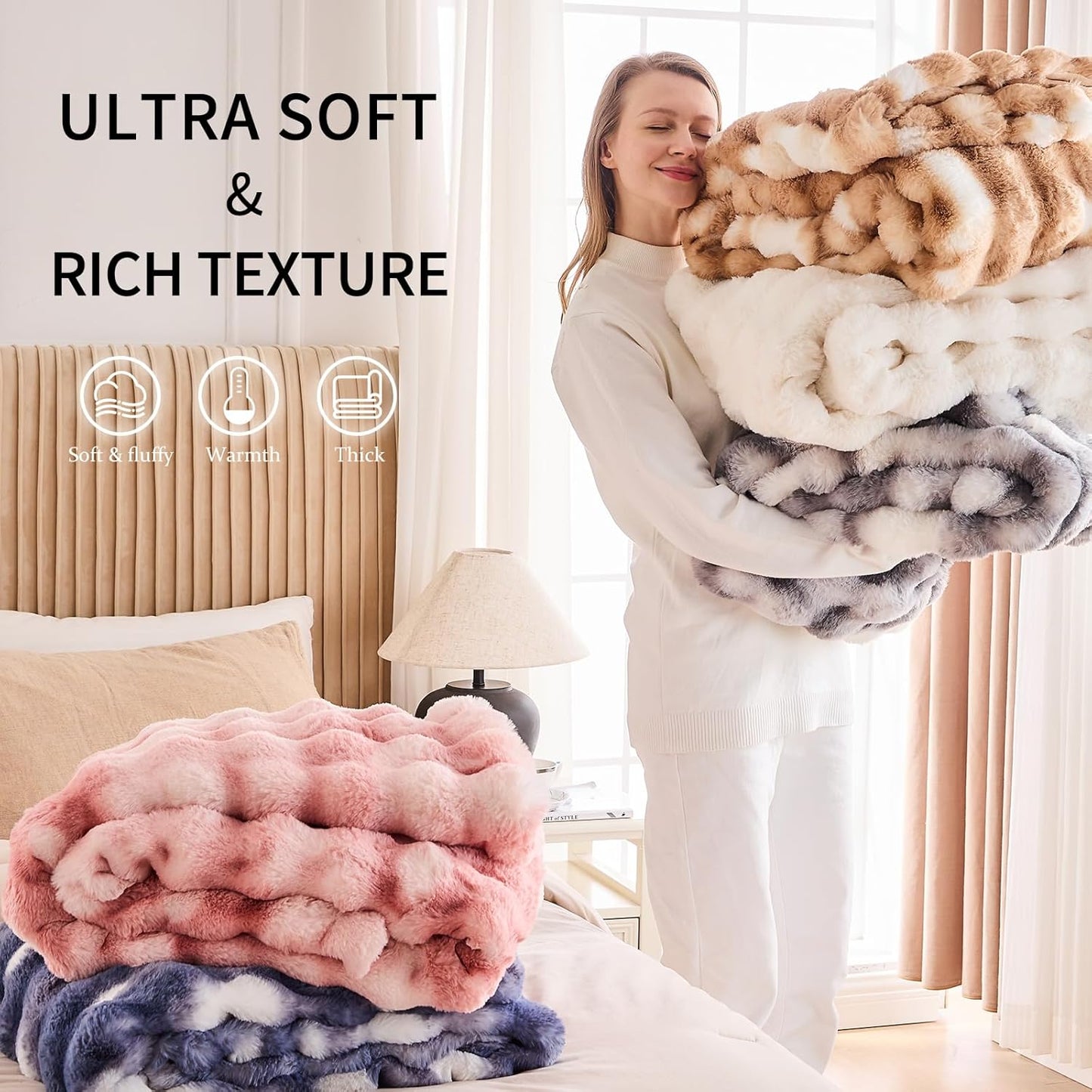 Cozy Faux Fur Throw Blanket for Bed-Warm Fuzzy Throw Blanket, Soft Plush Thick Bubble Blankets for Bedroom and Living Room, Furry Luxury Blanket, 90 x 108, Cream