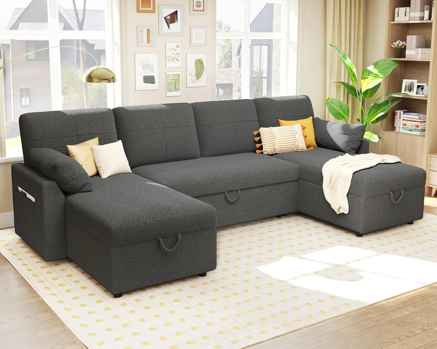 VanAcc Sleeper Sofa, 110 inch Oversize - 2 in 1 Pull Out Bed, Sectional Sleeper Sofa with Double Storage Chaise for Living Room, Grey Boucle Couch