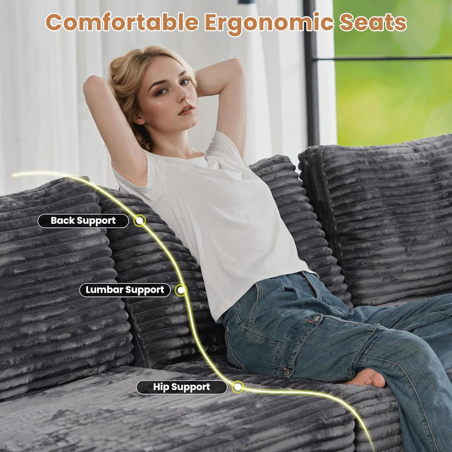 ovios Sectional Sofa Couch with L-Shape Chaise Oversized, Comfy Modular Cloud Couches with Deep Seat, Modern Upholstered Plush Corduroy Sofas Set for Living Room, 5-Seater, Grey